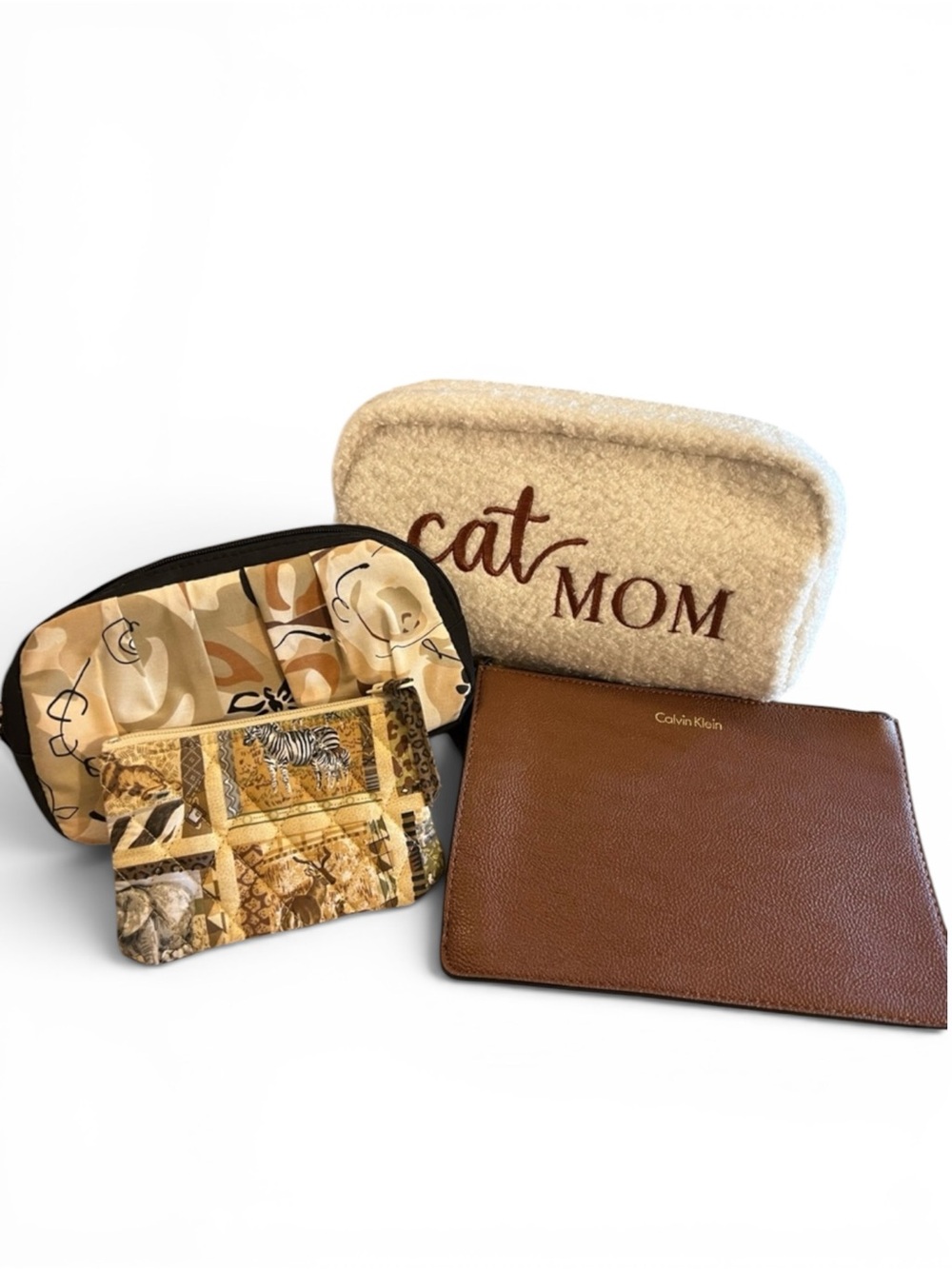 Calvin Klein Brown Pebbled Leather Zip Pouch with Cream 'Cat MOM' Sherpa Pouch